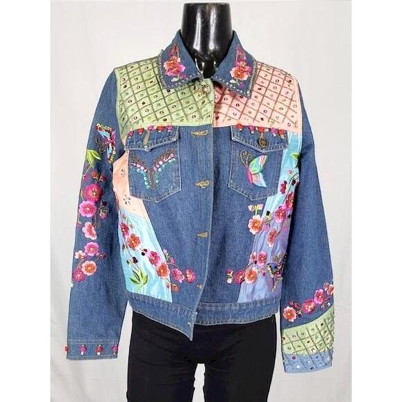 Vintage Berek2 Floral Butterfly Embroidered Sequin Beaded Jean Jacket - Picture 1 of 8